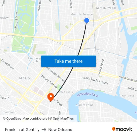 Franklin at Gentilly to New Orleans map