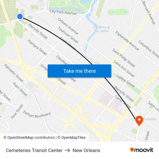 Cemeteries Transit Center to New Orleans map