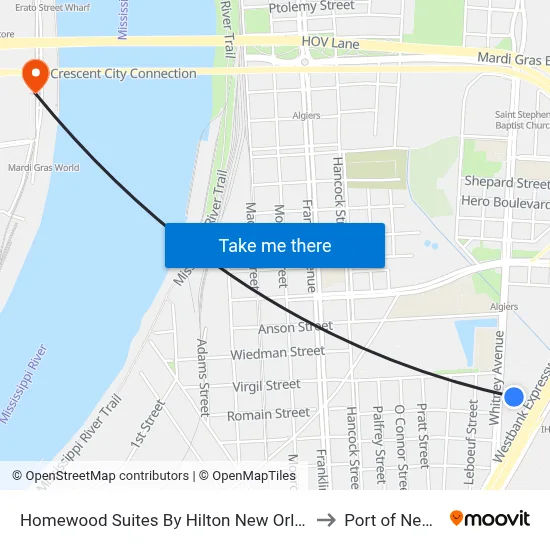 Homewood Suites By Hilton New Orleans West Bank Gretna to Port of New Orleans map