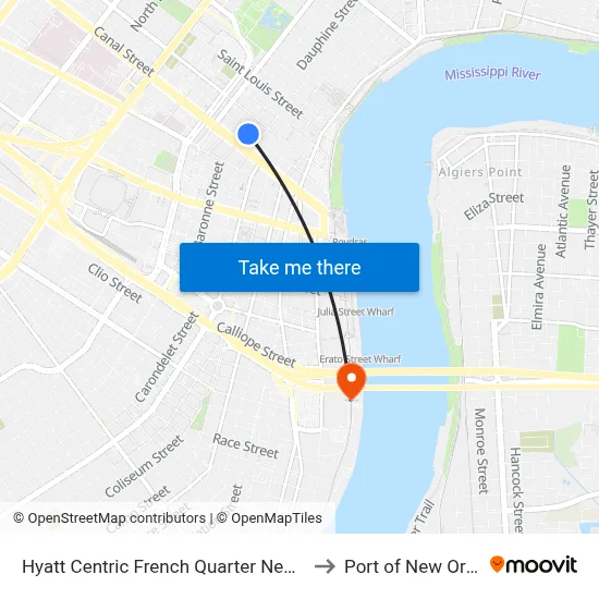 Hyatt Centric French Quarter New Orleans to Port of New Orleans map
