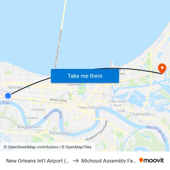 New Orleans Int'l Airport (MSY) to Michoud Assembly Facility map