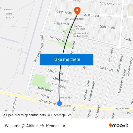 Williams @ Airline to Kenner, LA map