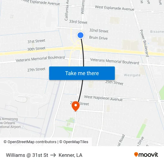 Williams @ 31st St to Kenner, LA map