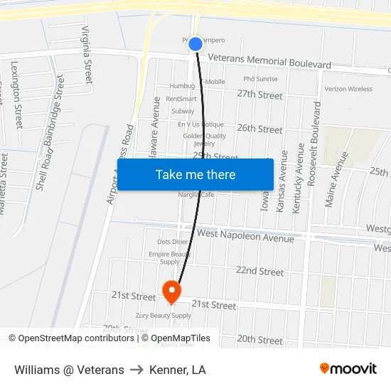 Williams @ Veterans to Kenner, LA map
