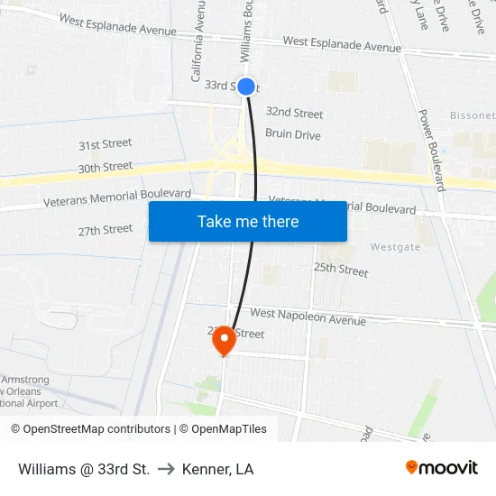 Williams @ 33rd St. to Kenner, LA map