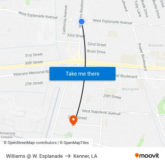 Williams @ W. Esplanade to Kenner, LA map