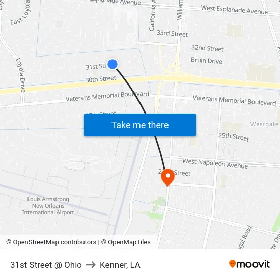 31st Street @ Ohio to Kenner, LA map