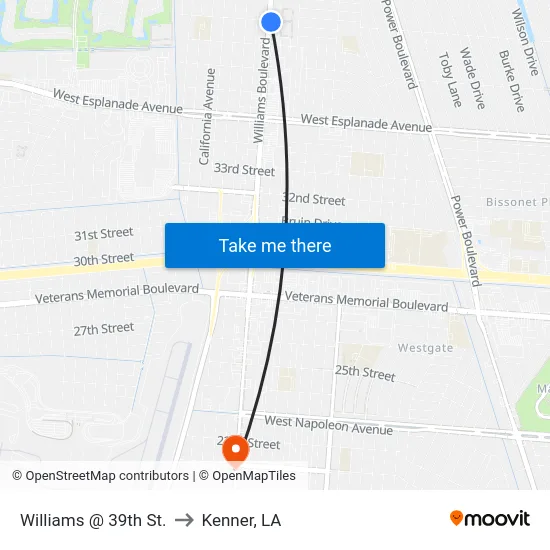 Williams @ 39th St. to Kenner, LA map