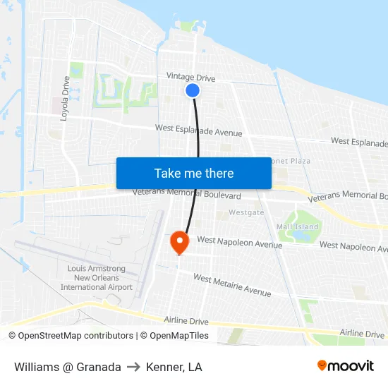 Williams @ Granada to Kenner, LA map