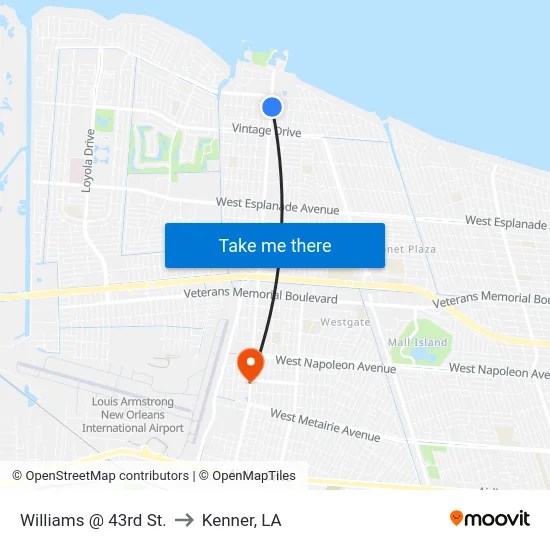 Williams @ 43rd St. to Kenner, LA map