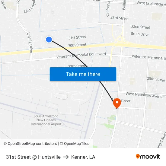 31st Street @ Huntsville to Kenner, LA map