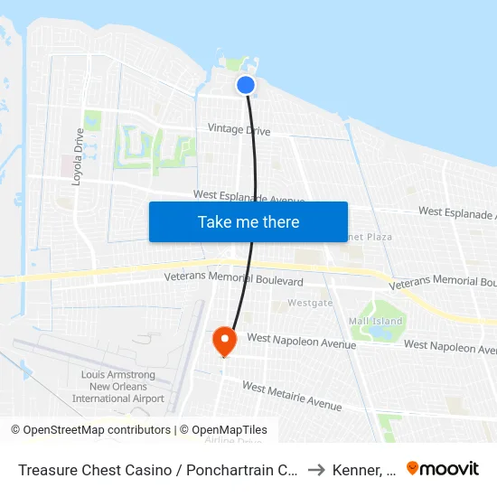 Treasure Chest Casino / Ponchartrain Center to Kenner, LA map