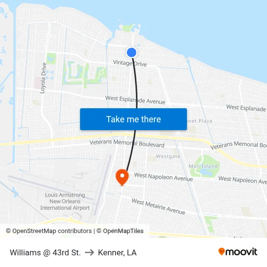 Williams @ 43rd St. to Kenner, LA map