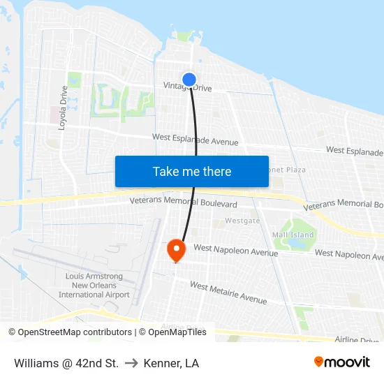 Williams @ 42nd St. to Kenner, LA map