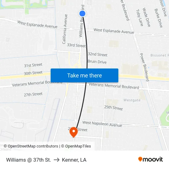 Williams @ 37th St. to Kenner, LA map