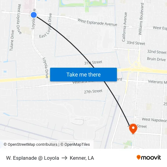 W. Esplanade @ Loyola to Kenner, LA map