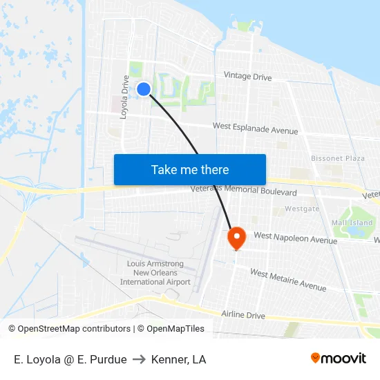 E. Loyola @ E. Purdue to Kenner, LA map