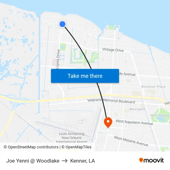 Joe Yenni @ Woodlake to Kenner, LA map
