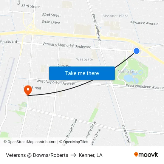 Veterans @ Downs/Roberta to Kenner, LA map