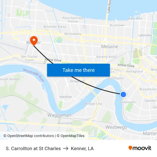 S. Carrollton at St Charles to Kenner, LA map