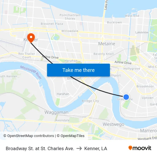 Broadway St. at St. Charles Ave. to Kenner, LA map