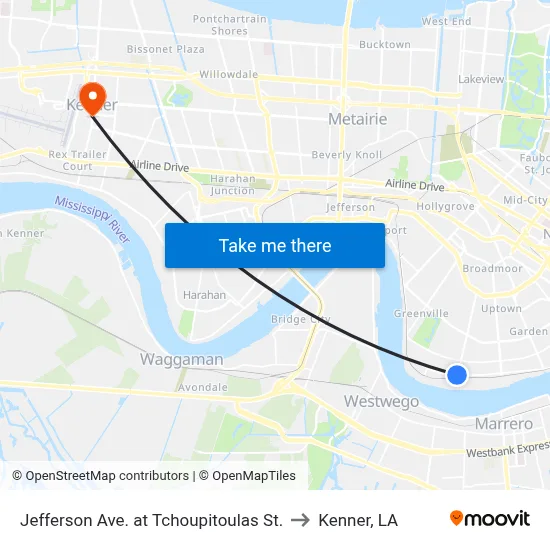 Jefferson Ave. at Tchoupitoulas St. to Kenner, LA map