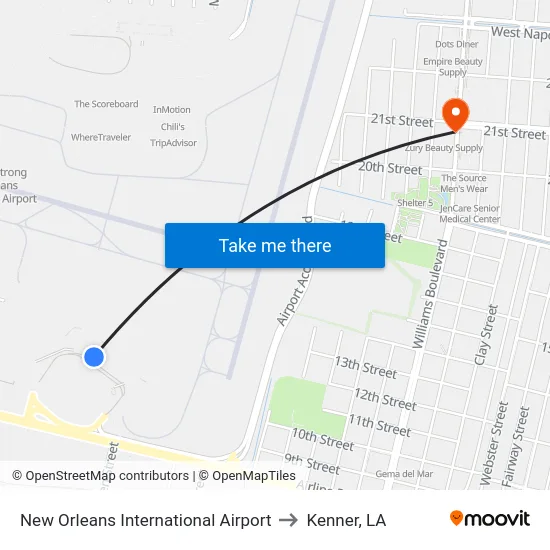 New Orleans International Airport to Kenner, LA map