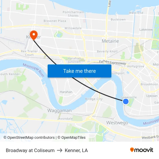 Broadway at Coliseum to Kenner, LA map
