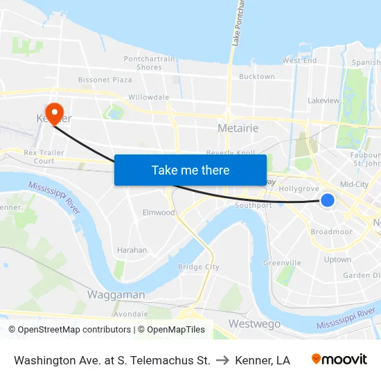 Washington Ave. at S. Telemachus St. to Kenner, LA map