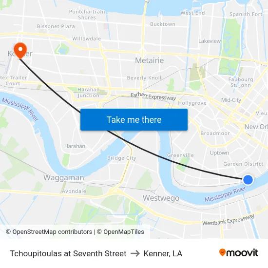 Tchoupitoulas at Seventh Street to Kenner, LA map