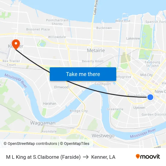 M L King at S.Claiborne (Farside) to Kenner, LA map