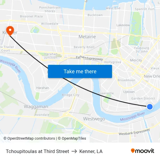 Tchoupitoulas at Third Street to Kenner, LA map