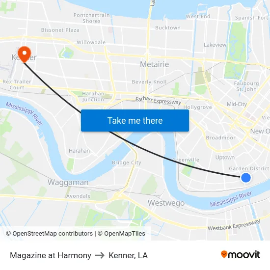 Magazine at Harmony to Kenner, LA map