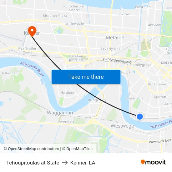 Tchoupitoulas at State to Kenner, LA map