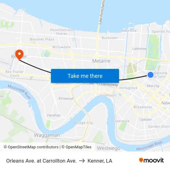 Orleans Ave. at Carrollton Ave. to Kenner, LA map