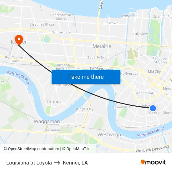 Louisiana at Loyola to Kenner, LA map