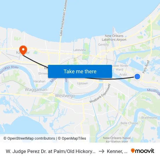 W. Judge Perez Dr. at Palm/Old Hickory Ave. to Kenner, LA map