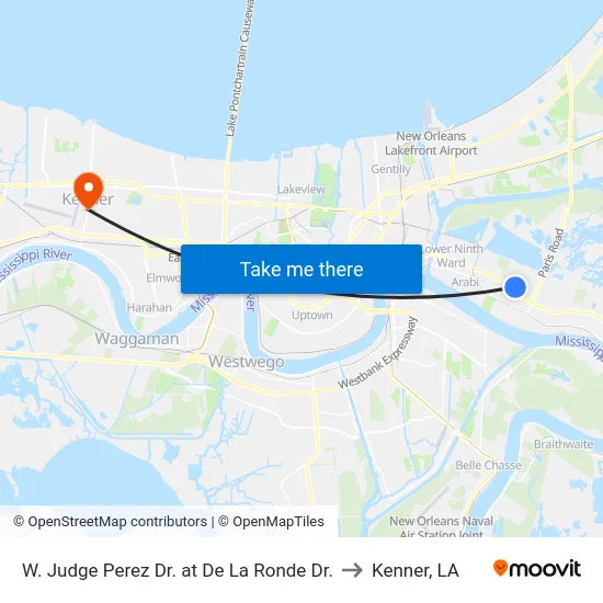 W. Judge Perez Dr. at De La Ronde Dr. to Kenner, LA map