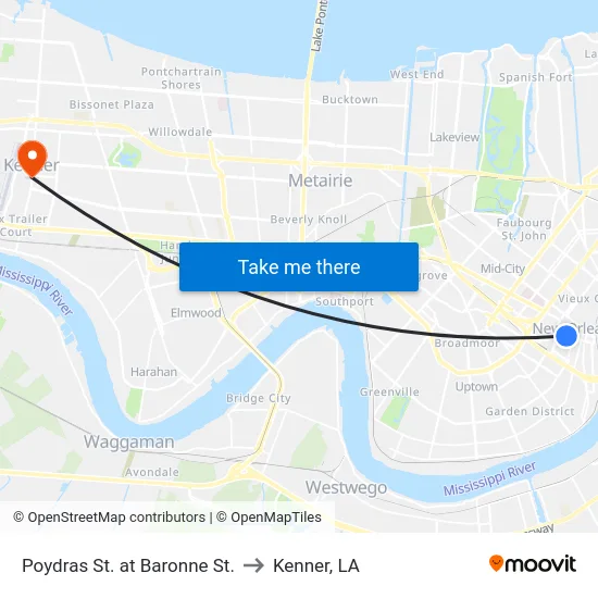 Poydras St. at Baronne St. to Kenner, LA map