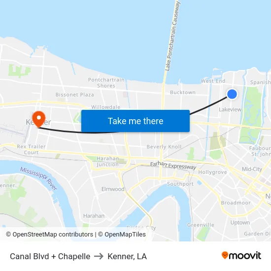 Canal Blvd + Chapelle to Kenner, LA map