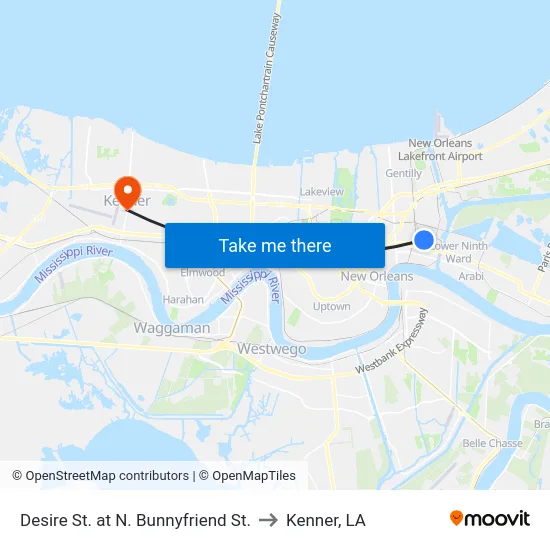 Desire St. at N. Bunnyfriend St. to Kenner, LA map