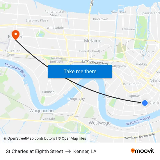 St Charles at Eighth Street to Kenner, LA map