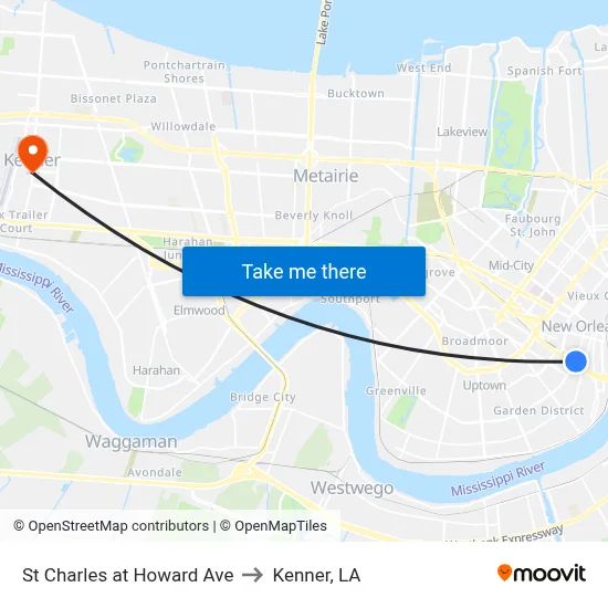 St Charles at Howard Ave to Kenner, LA map