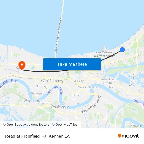 Read at Plainfield to Kenner, LA map