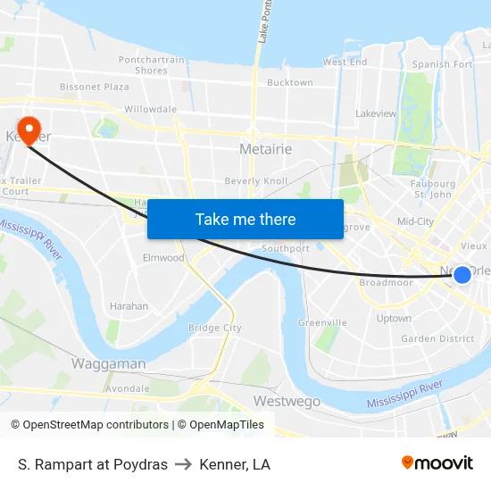 S. Rampart at Poydras to Kenner, LA map