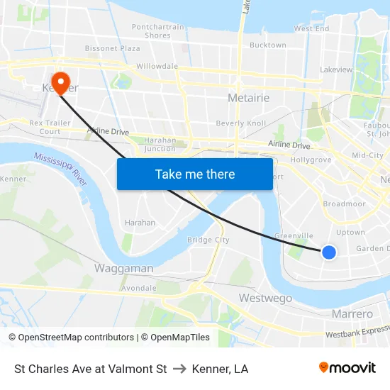 St Charles Ave at Valmont St to Kenner, LA map