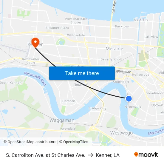 S. Carrollton Ave. at St Charles Ave. to Kenner, LA map