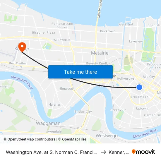 Washington Ave. at S. Norman C. Francis Pkwy. to Kenner, LA map