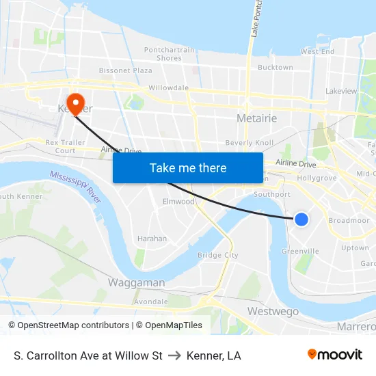 S. Carrollton Ave at Willow St to Kenner, LA map
