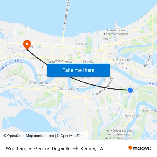 Woodland at General Degaulle to Kenner, LA map